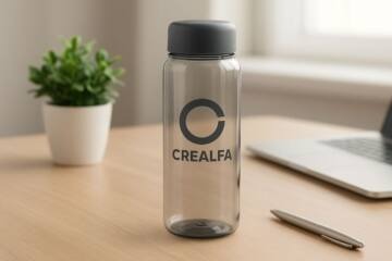 Botella de plástico reciclado personalizada con logo de empresa sobre escritorio de oficina.