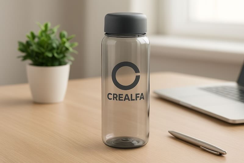 Botella de plástico reciclado personalizada con logo de empresa sobre escritorio de oficina.