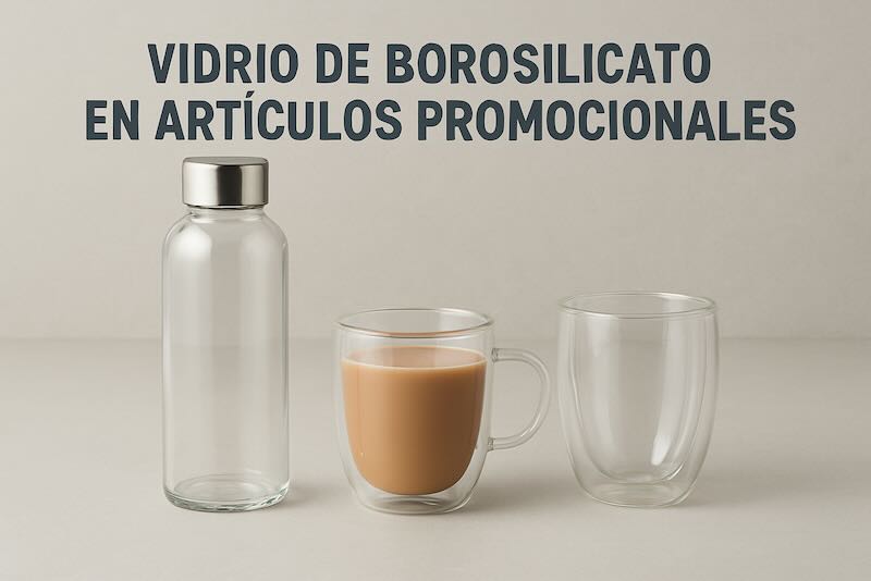 Botellas y vasos de vidrio de borosilicato sobre fondo neutro, ideales para artículos promocionales