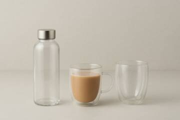 Botellas y vasos de vidrio de borosilicato sobre fondo neutro, ideales para artículos promocionales