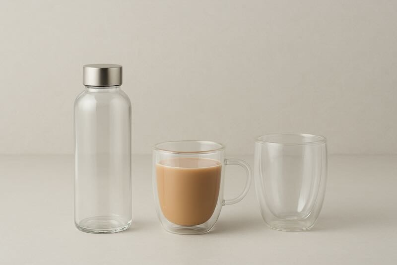 Botellas y vasos de vidrio de borosilicato sobre fondo neutro, ideales para artículos promocionales