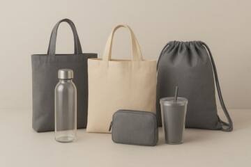 Artículos promocionales fabricados en RPET sobre fondo neutro, como botellas y bolsas recicladas.