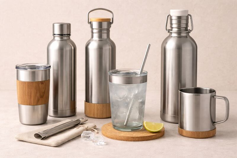 Botellas y vasos promocionales fabricados en acero inoxidable reciclado